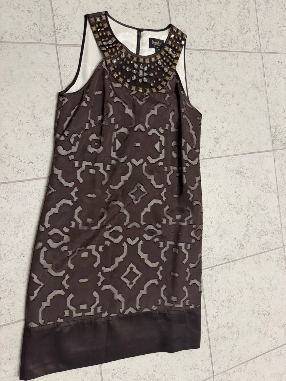 Laundry By Shelli Segal Brown and Cream Embellished Mini Dress Formal m